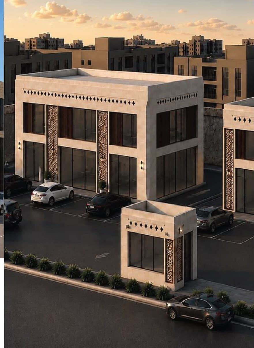 تصور معماري لمبنى تجاري منخفض الارتفاع بتفاصيل معمارية عربية ومواقف أمامية