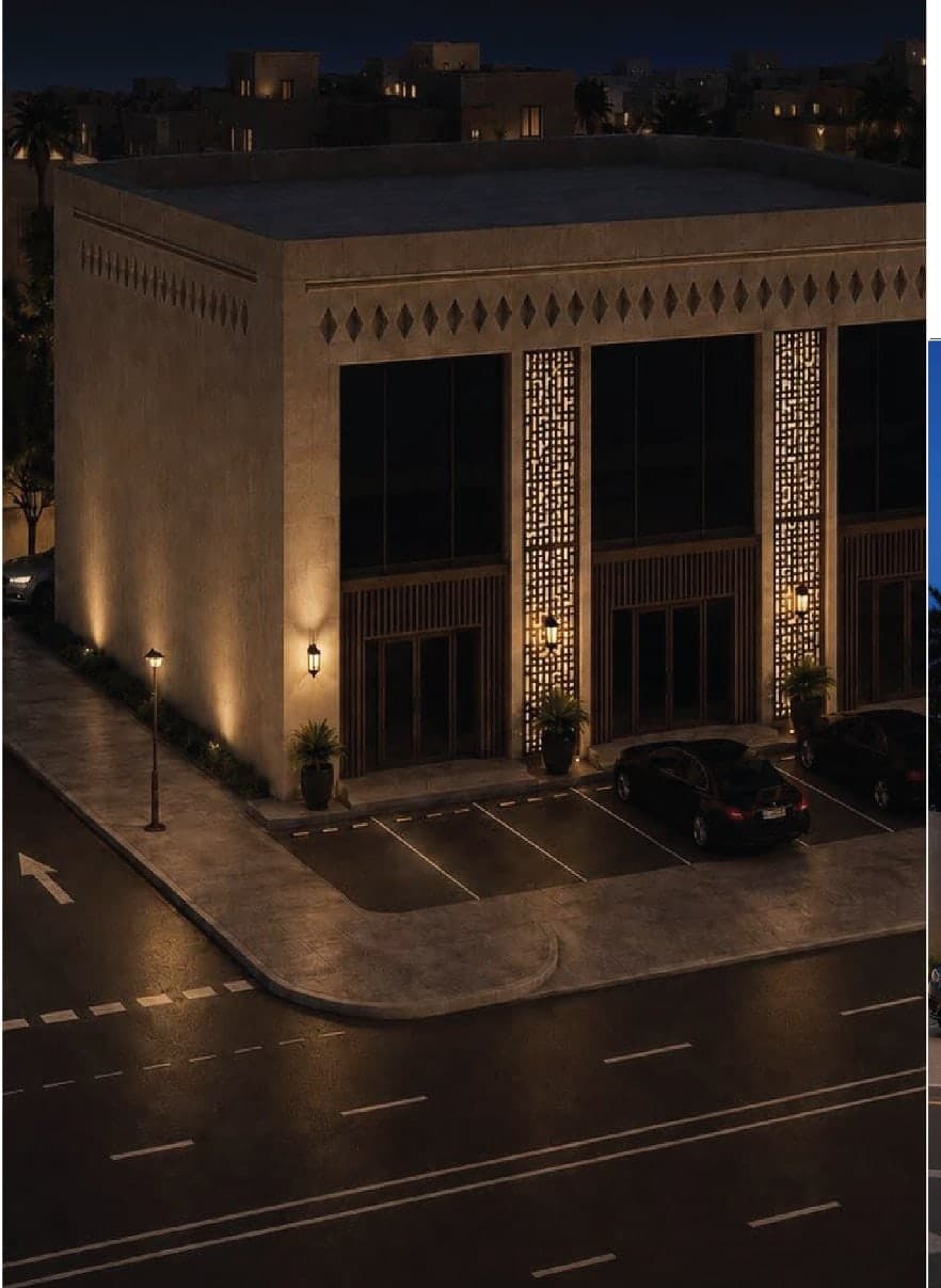 تصور معماري ليلي لمبنى بإضاءة معمارية تبرز الواجهة الحجرية