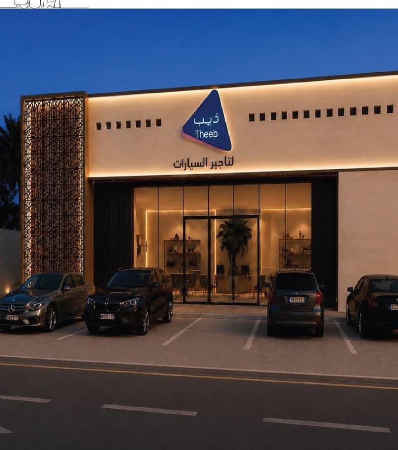 تصور معماري ليلي لواجهة منشأة تجارية لتأجير السيارات